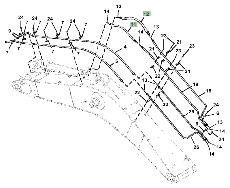 Hitachi ZX350LC-5G installation diagram showing hydraulic hose 4715621 at Pipe No. 11