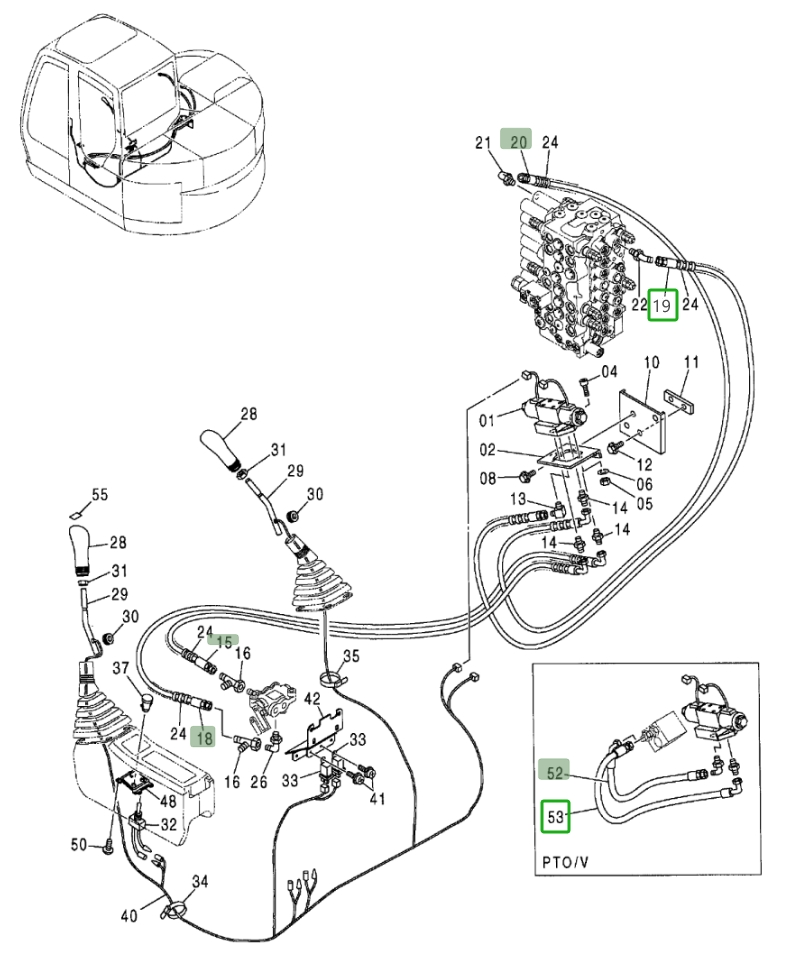 Hitachi ZX75US installation diagram showing hydraulic hose 4452734 at Pipe No. 52