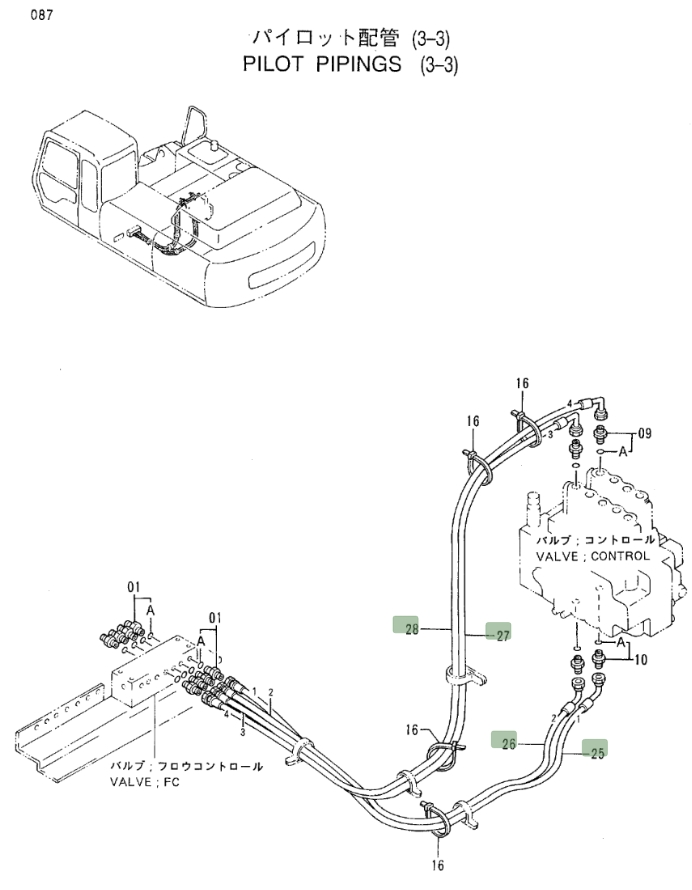 Hitachi EX300LC-3C installation diagram showing hydraulic hose 4313703 at Pipe No. 27