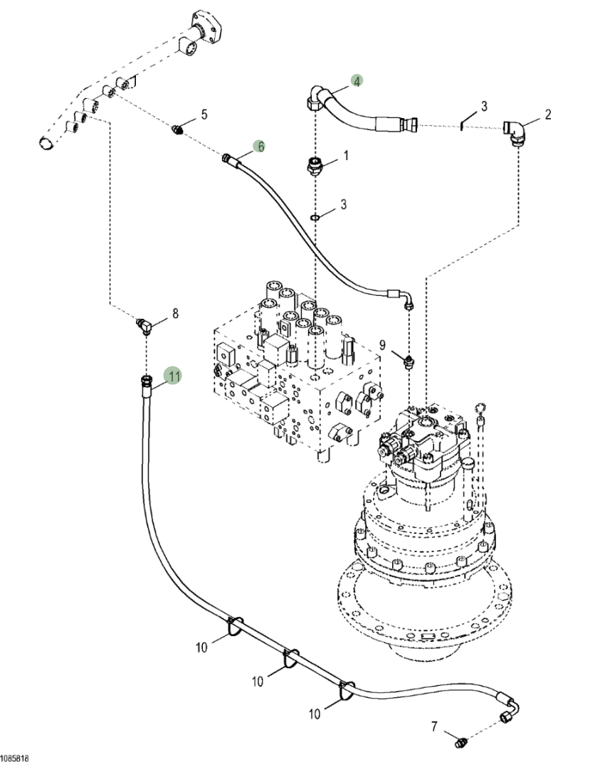 Hitachi ZX290LC-5N installation diagram showing hydraulic hose 4628911 at Pipe No. 4