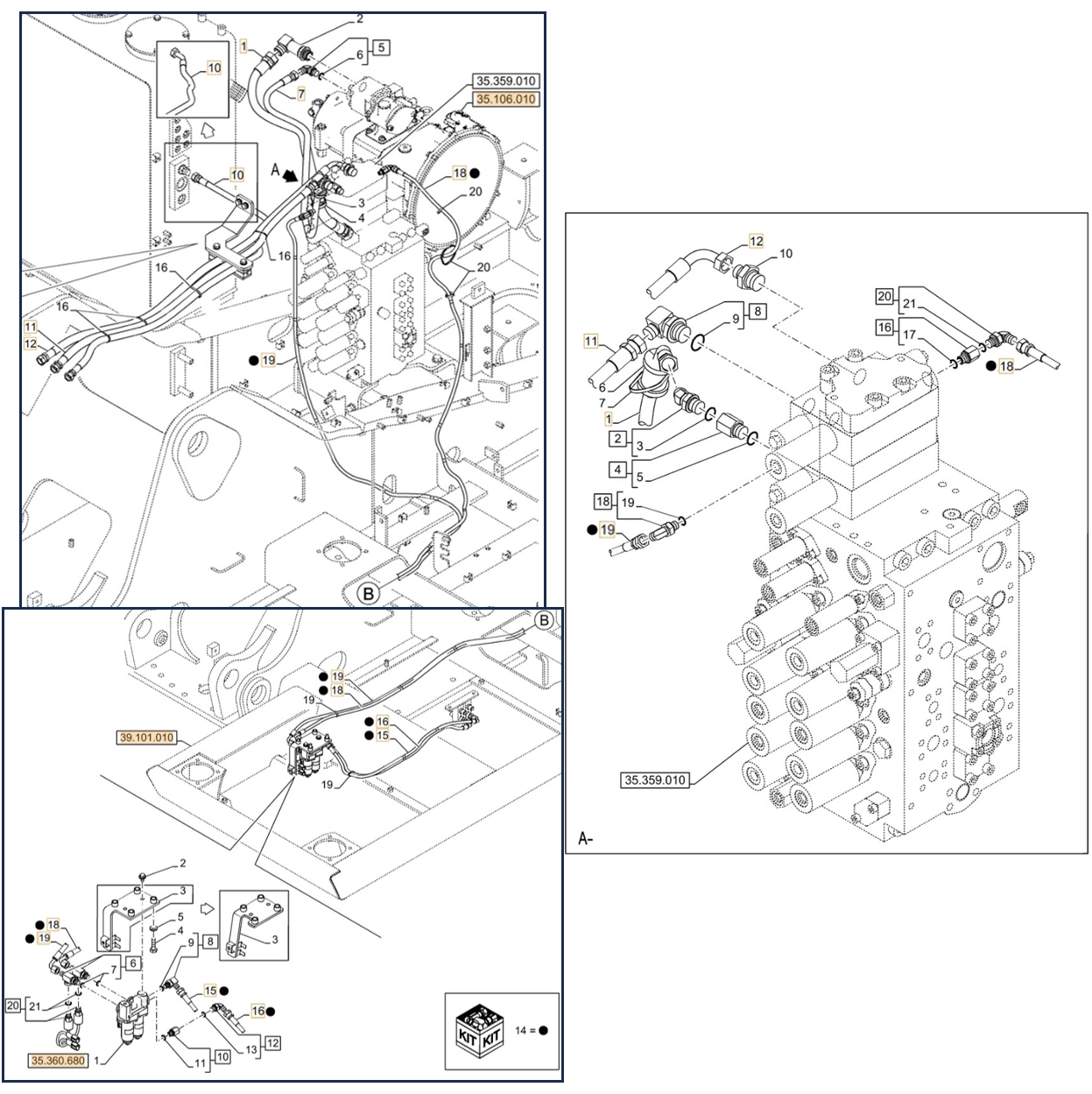 Case CX210D LC 2PB installation diagram showing hydraulic hose KHJ13660 at Pipe No. 18