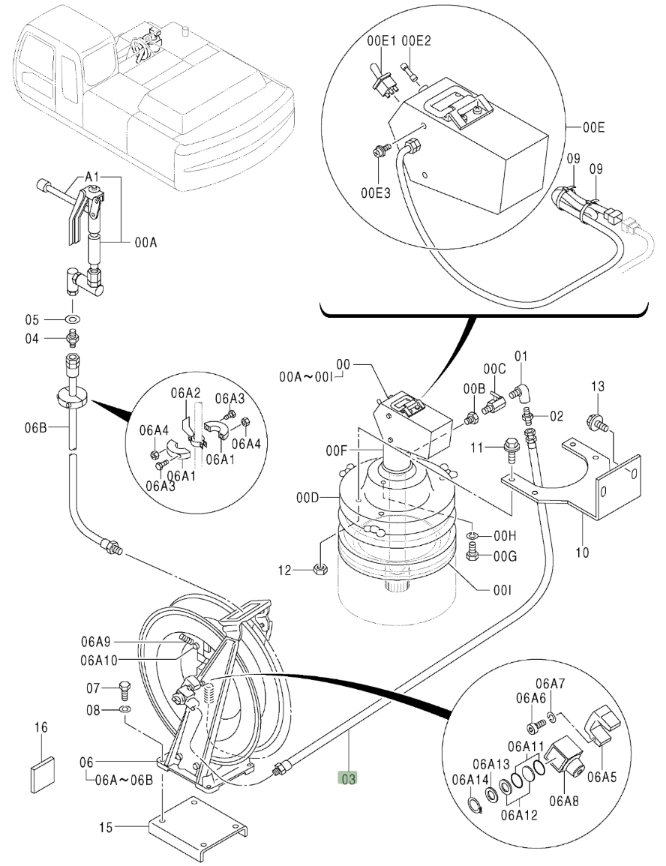 Hitachi ZX370 installation diagram showing hydraulic hose 4055122 at Pipe No. 3