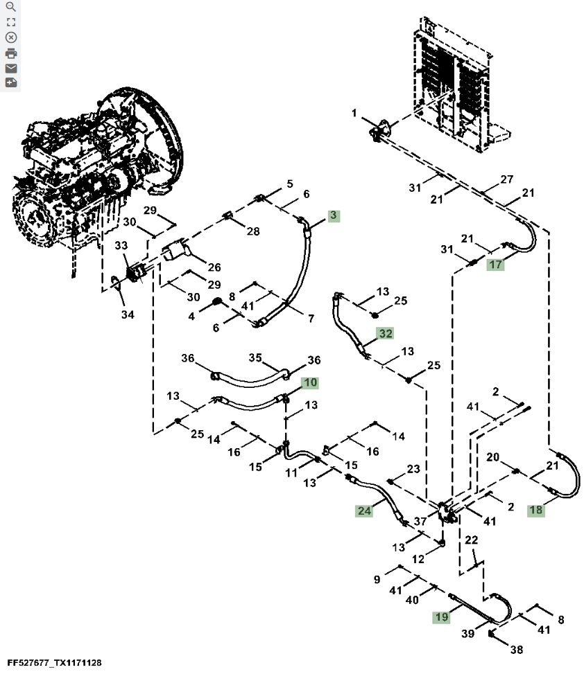 Hitachi ZX370FLC-LL-6N installation diagram showing hydraulic hose 4702987 at Pipe No. 24
