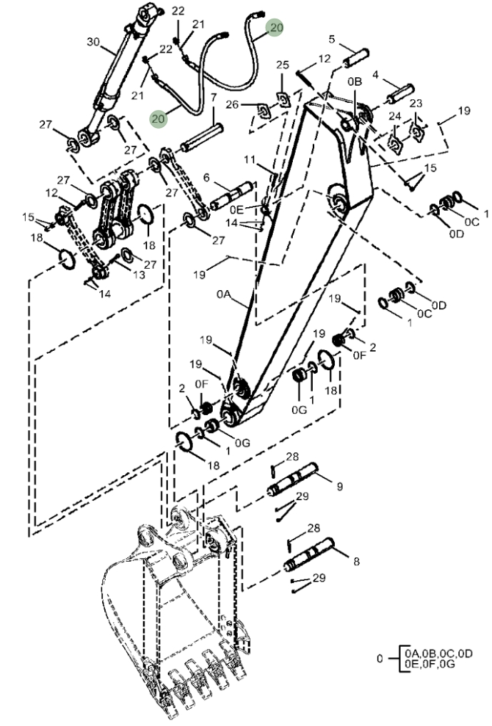 Hitachi ZX160LC-5N installation diagram showing hydraulic hose 4651260 at Pipe No. 20