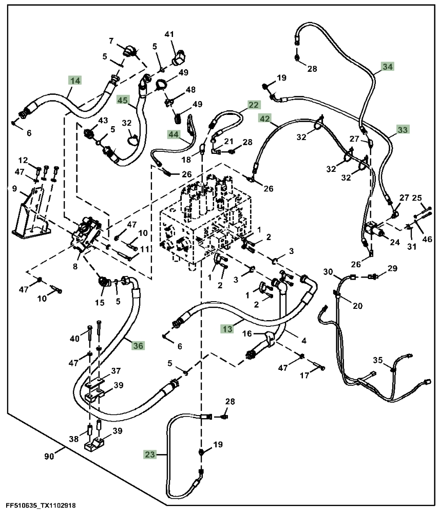 Hitachi ZX160LC-5G installation diagram showing hydraulic hose 4630946 at Pipe No. 44