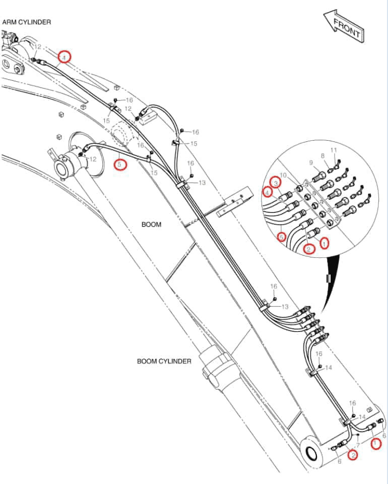 Doosan DX140LCR-3 installation diagram showing hydraulic hose 2184-1045D104 at Pipe No. 4