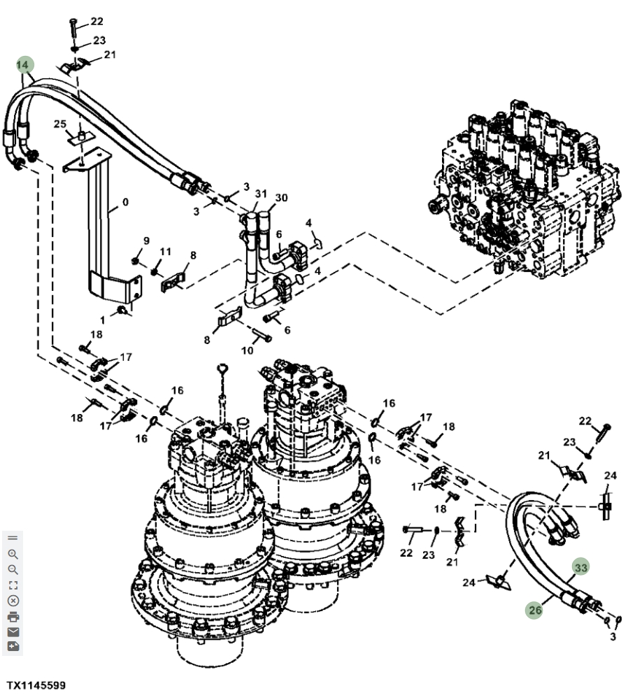 Hitachi ZX870LC-6 installation diagram showing hydraulic hose 4702048 at Pipe No. 26