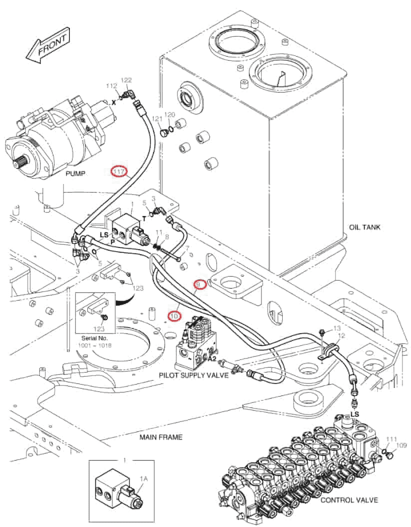 Doosan DX85R-3 installation diagram showing hydraulic hose DS2092304 at Pipe No. 10