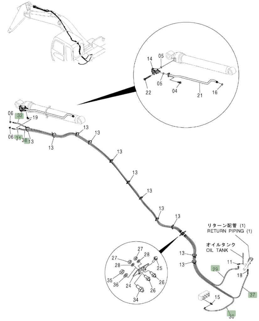 Hitachi ZX370 installation diagram showing hydraulic hose 4649771 at Pipe No. 32A