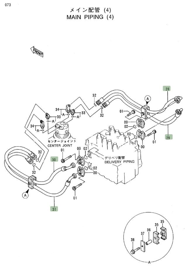 Hitachi EX450LC-5 installation diagram showing hydraulic hose 4316573 at Pipe No. 29