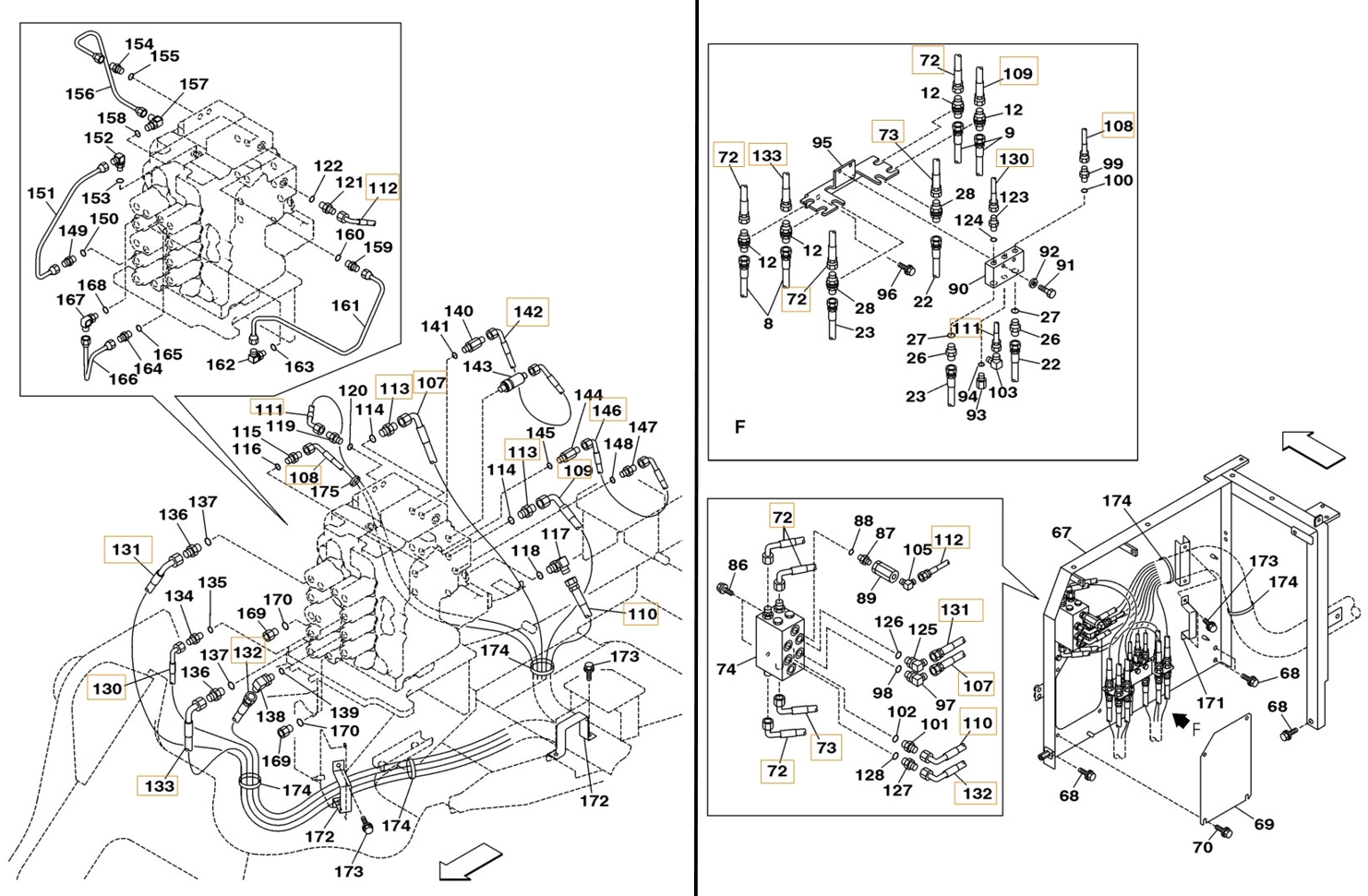 Case CX160 installation diagram showing hydraulic hose 159228A1 at Pipe No. 110