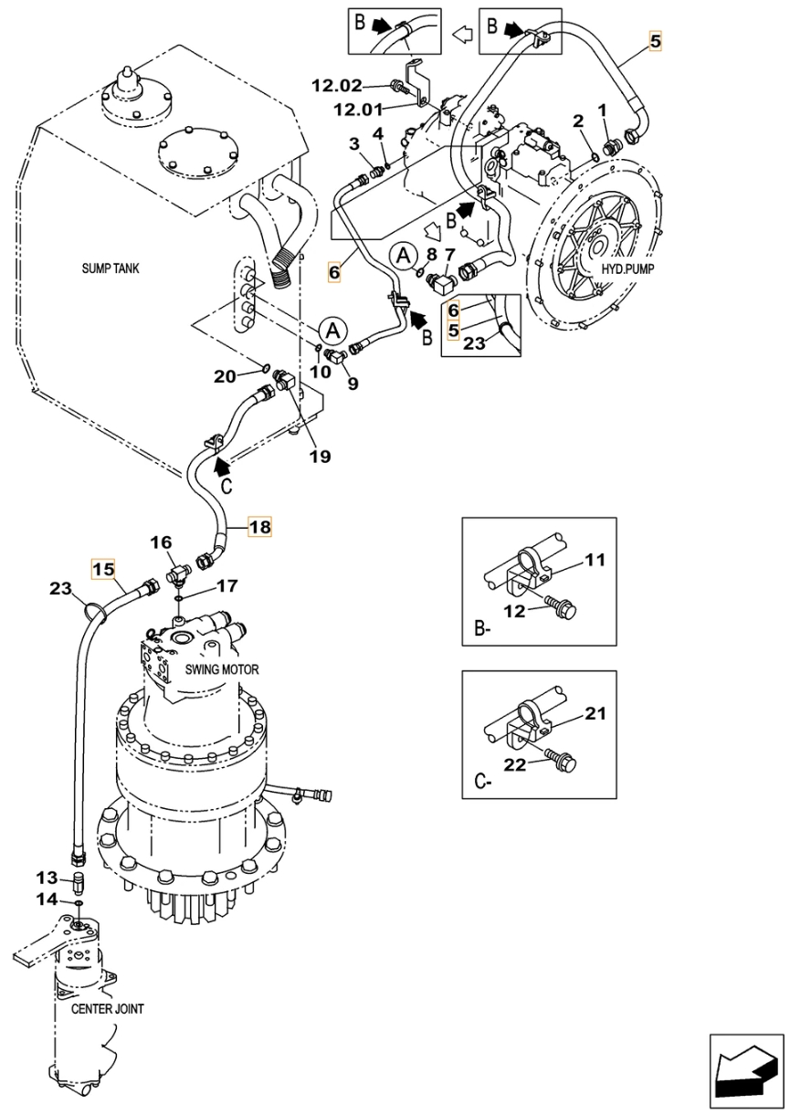Case CX490C-8 LC installation diagram showing hydraulic hose KTJ12080 at Pipe No. 15