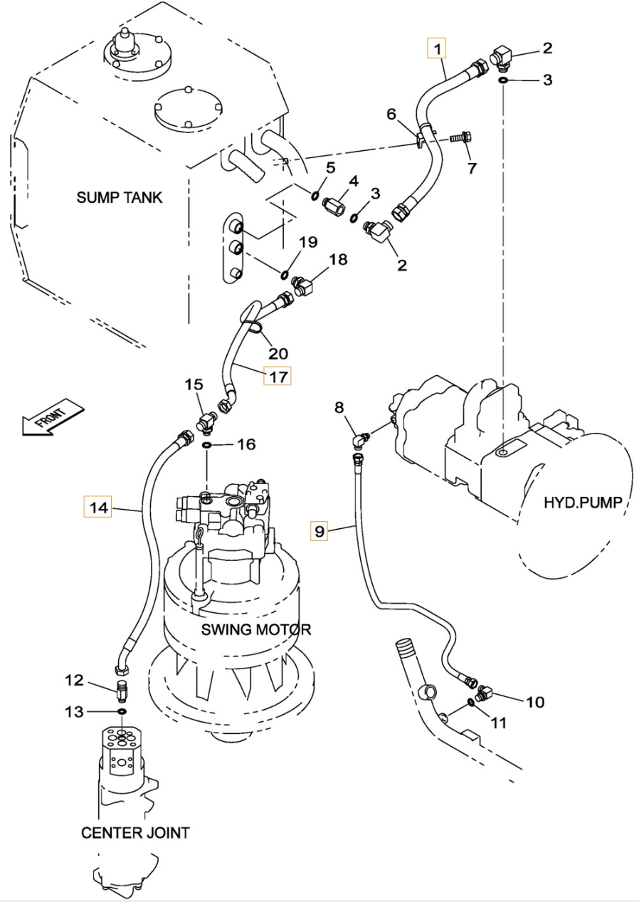 Case CX370B installation diagram showing hydraulic hose KSJ2790 at Pipe No. 14