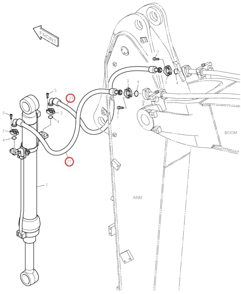 Doosan DX160LC installation diagram showing hydraulic hose 2184-1100D237 at Pipe No. 21