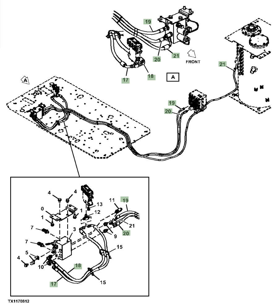 Hitachi ZX230W-5N installation diagram showing hydraulic hose 4431843 at Pipe No. 19