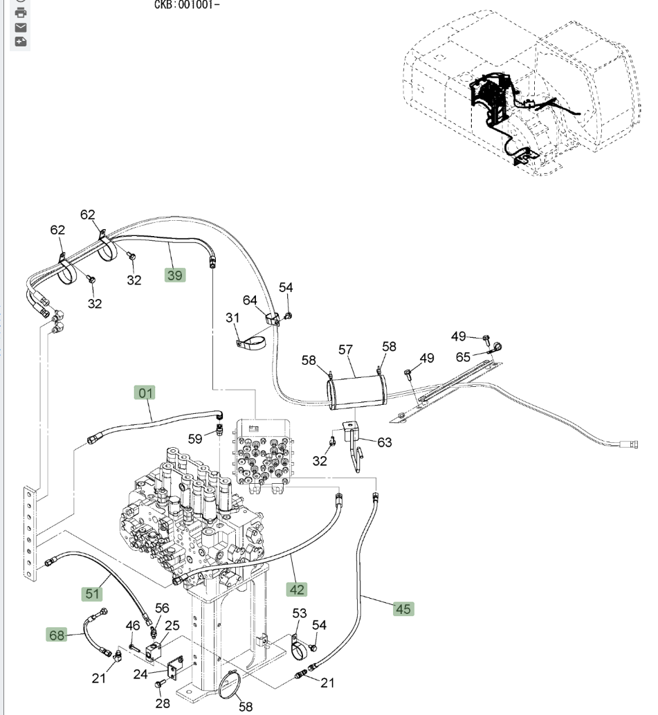 Hitachi ZX220W-3 installation diagram showing hydraulic hose 4474672 at Pipe No. 1