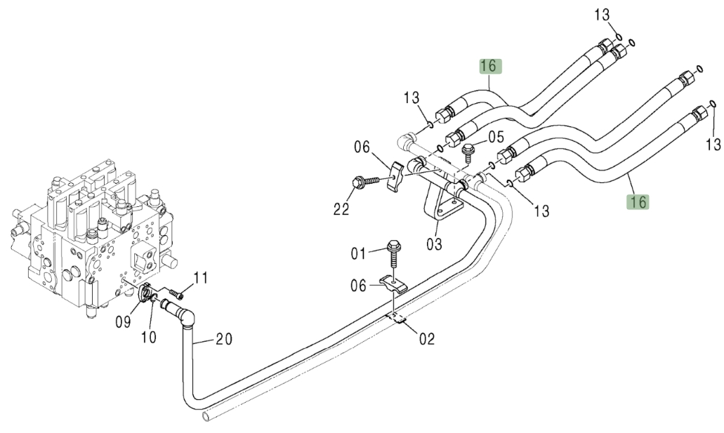 Hitachi ZX370 installation diagram showing hydraulic hose 4345675 at Pipe No. 16