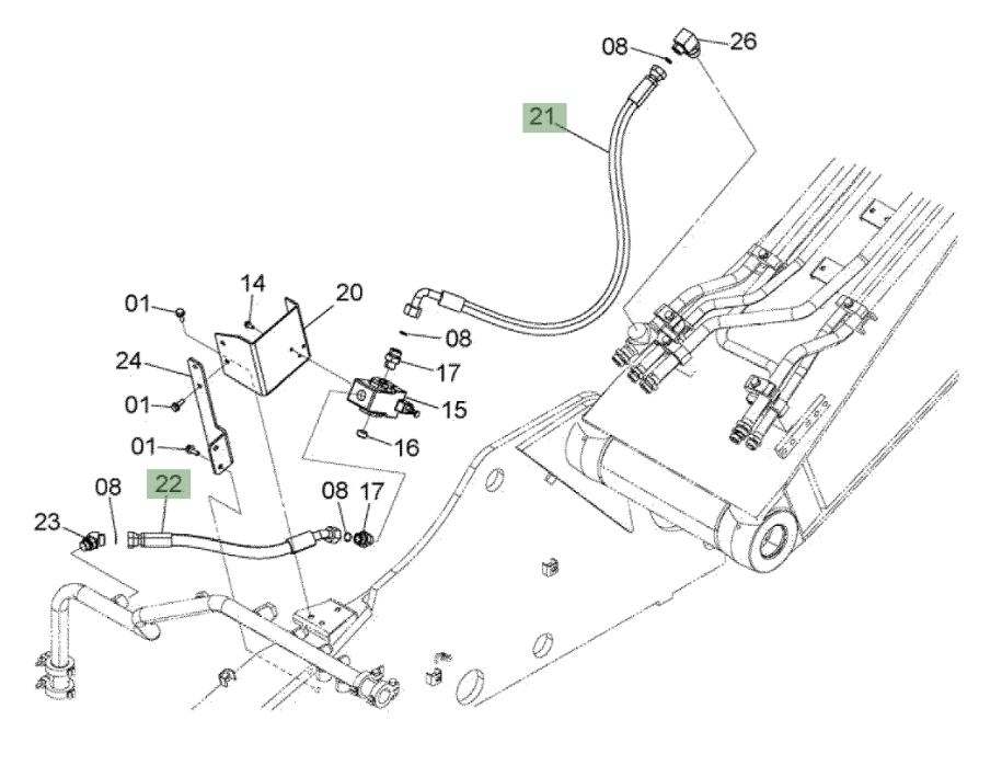 Hitachi ZX210W-3 installation diagram showing hydraulic hose 4274569 at Pipe No. 22