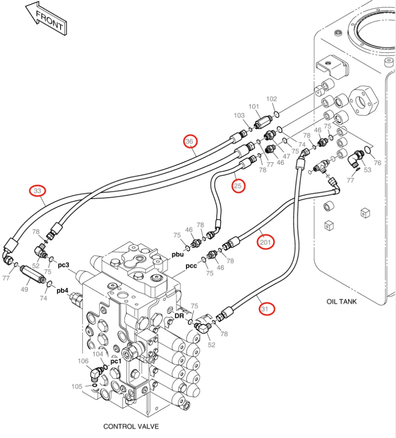Doosan DX160LC-3 installation diagram showing hydraulic hose DS2119114 at Pipe No. 20