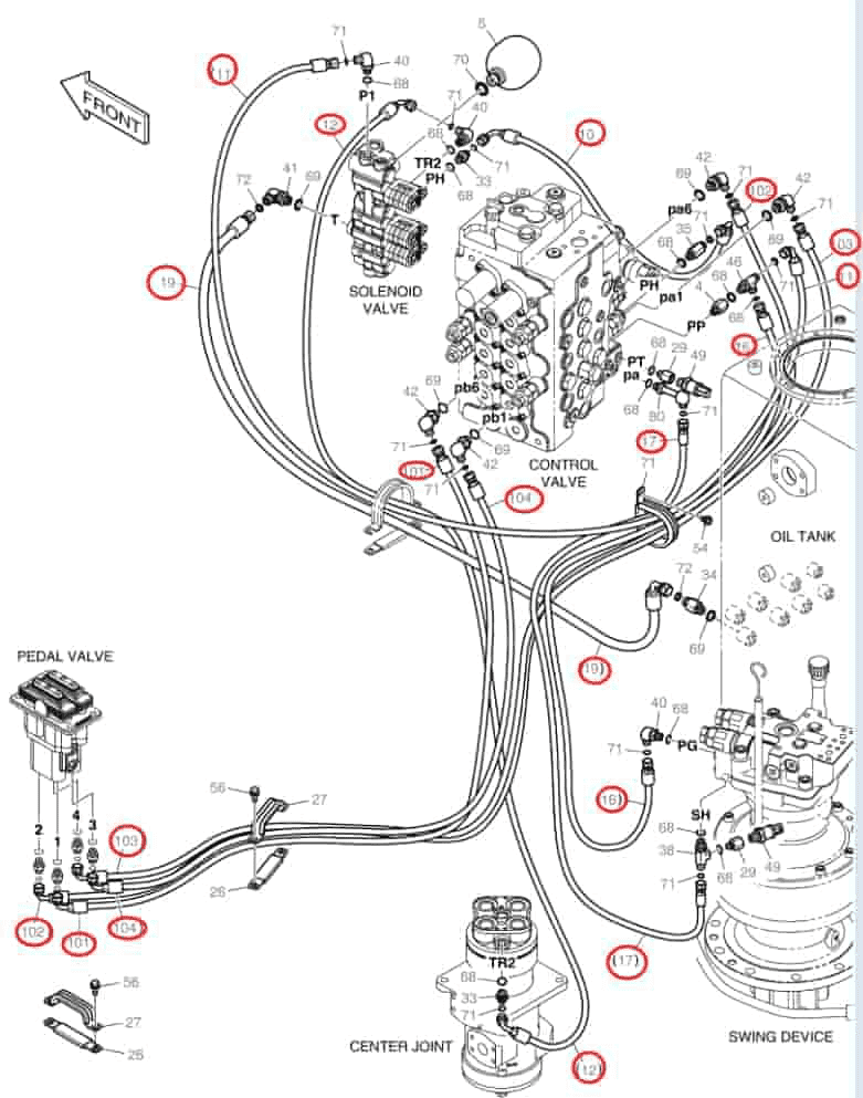 Doosan DX140LCR-3 installation diagram showing hydraulic hose DS2121029 at Pipe No. 19