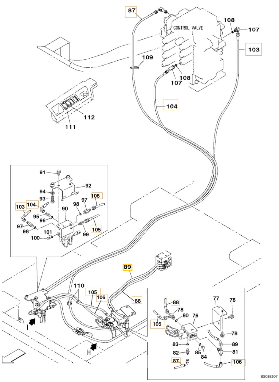 Case CX700B installation diagram showing hydraulic hose KHJ2180 at Pipe No. 105