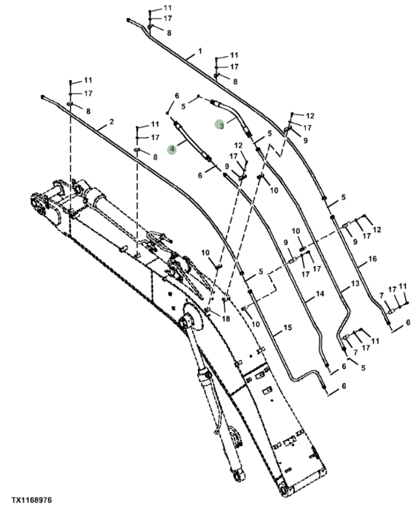 Hitachi ZXS370F-3 installation diagram showing hydraulic hose 4628957 at Pipe No. 3