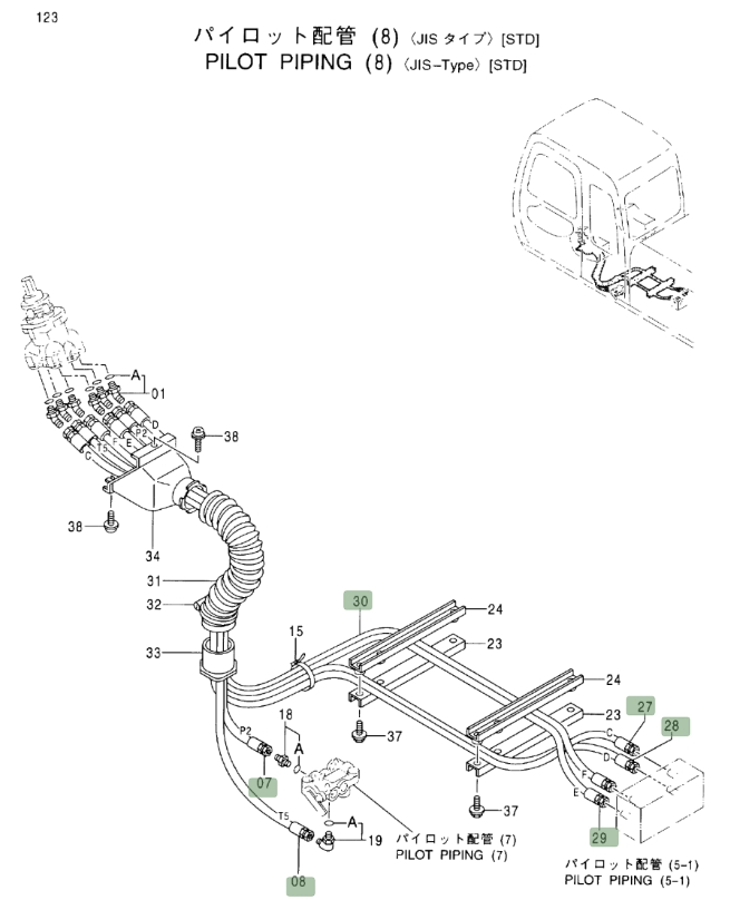 Hitachi EX370-5 installation diagram showing hydraulic hose 4346074 at Pipe No. 27