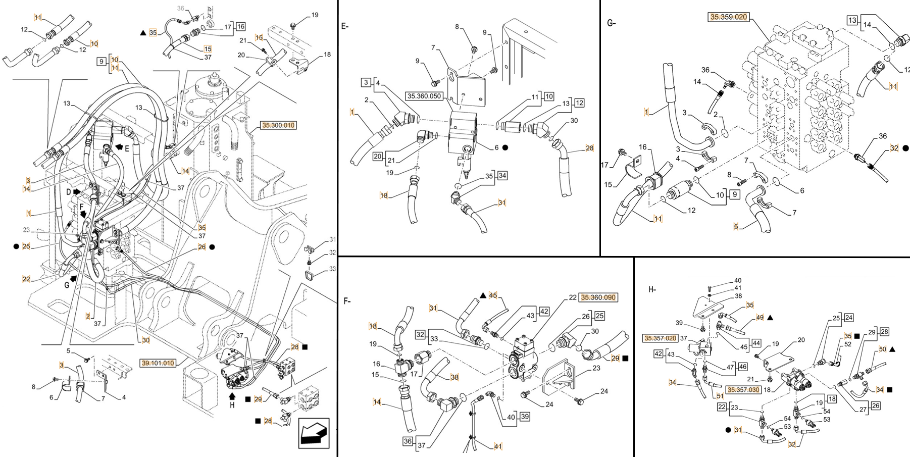 Case CX245D SR installation diagram showing hydraulic hose KHJ2249 at Pipe No. A35-F45