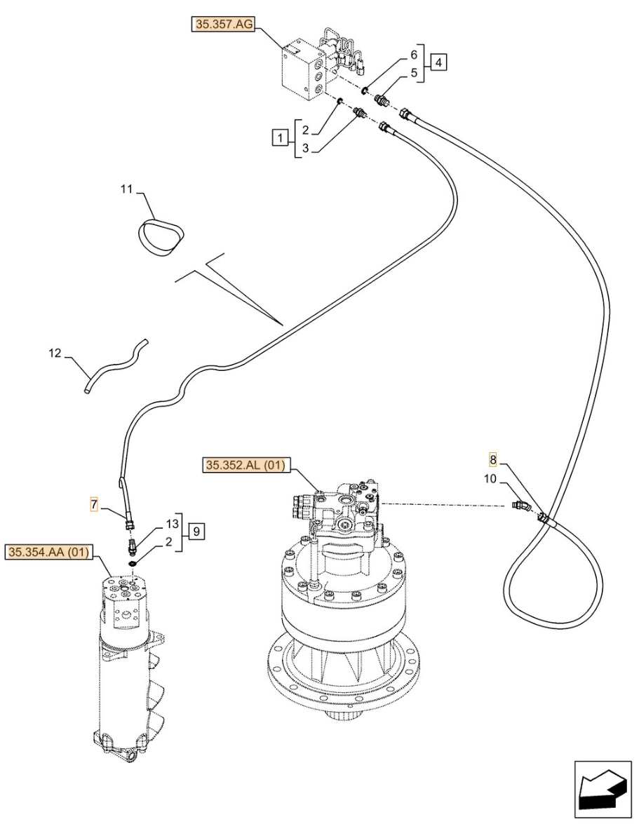 Case CX370D LC installation diagram showing hydraulic hose KHJ2076 at Pipe No. 7