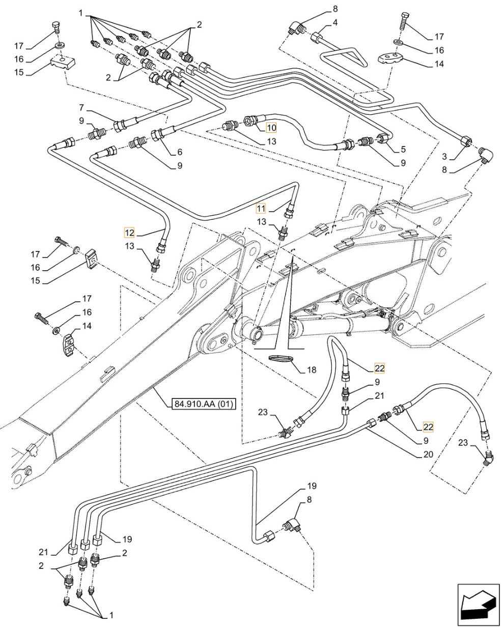 Case CX370D LC installation diagram showing hydraulic hose KHJ2255 at Pipe No. 11