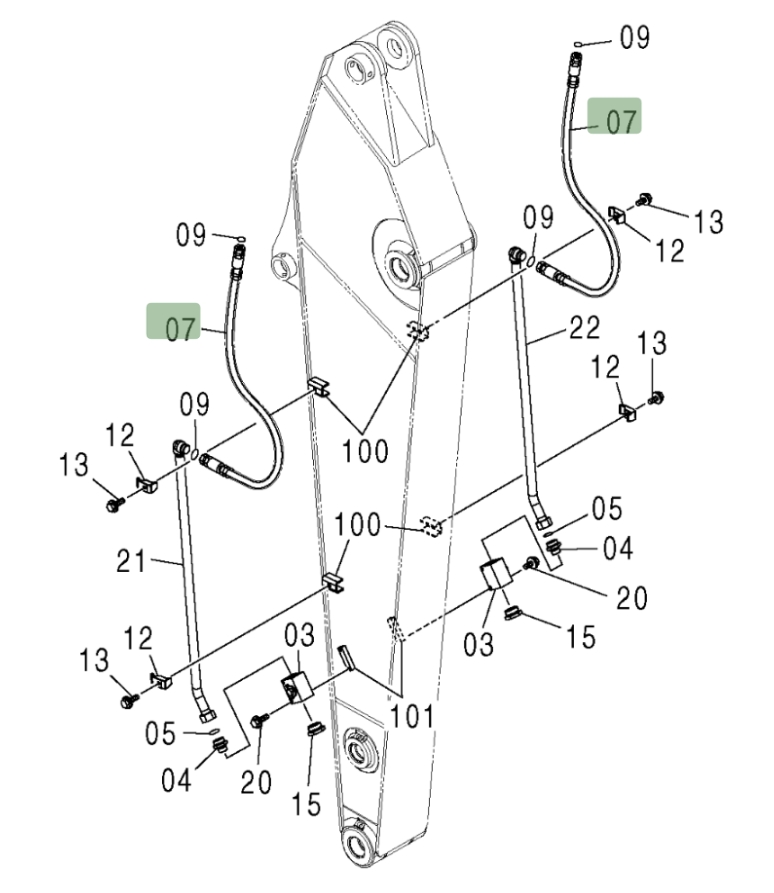 Hitachi ZX370 installation diagram showing hydraulic hose 4451543 at Pipe No. 7