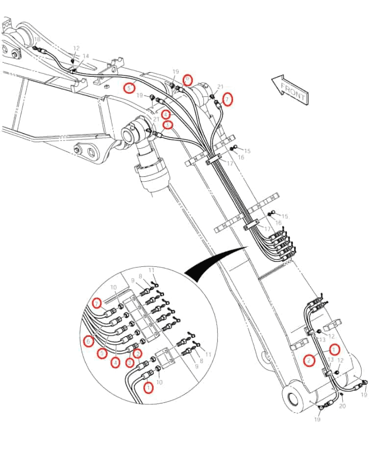 Doosan DX160LC installation diagram showing hydraulic hose 2184-1045D190 at Pipe No. 7