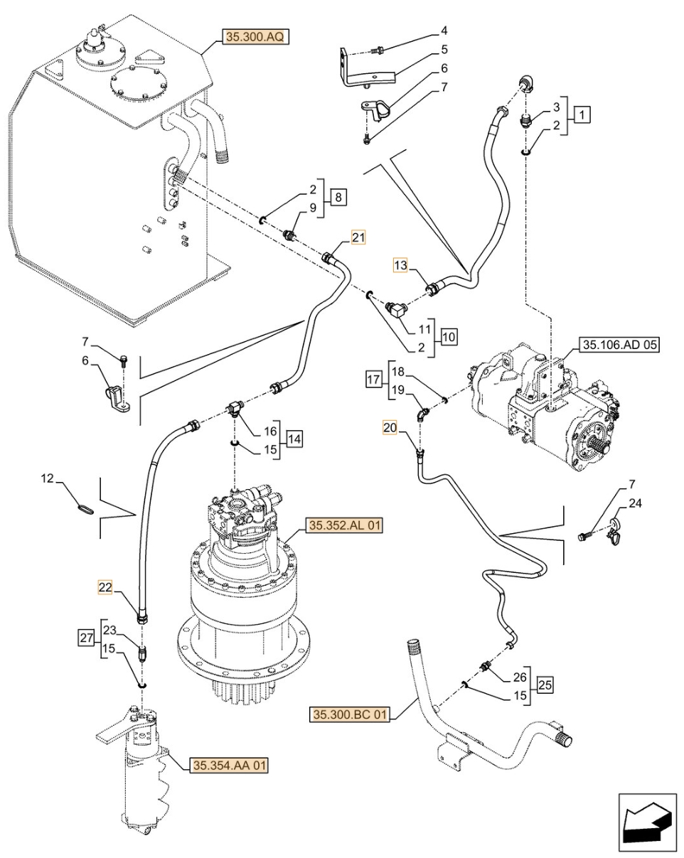 Case CX490D LC installation diagram showing hydraulic hose KTJ12080 at Pipe No. 22