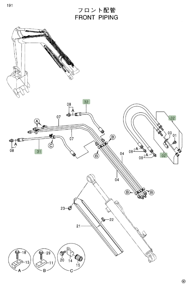 Hitachi EX27U installation diagram showing hydraulic hose 4428819 at Pipe No. 2