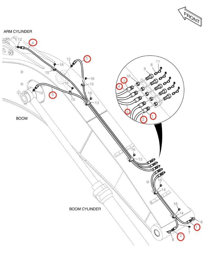 Doosan DX160LC-5 installation diagram showing hydraulic hose 2184-1045D148 at Pipe No. 3