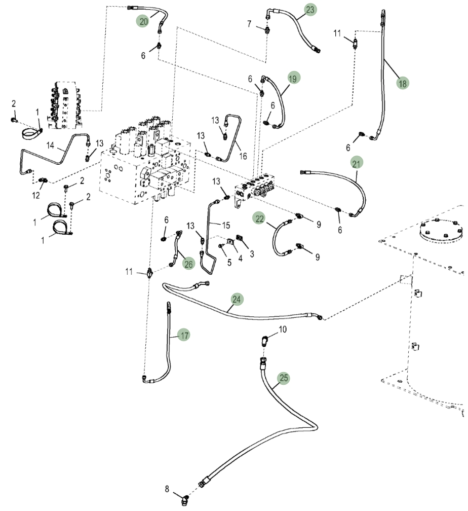 Hitachi ZX350LC-5N installation diagram showing hydraulic hose 4628891 at Pipe No. 23