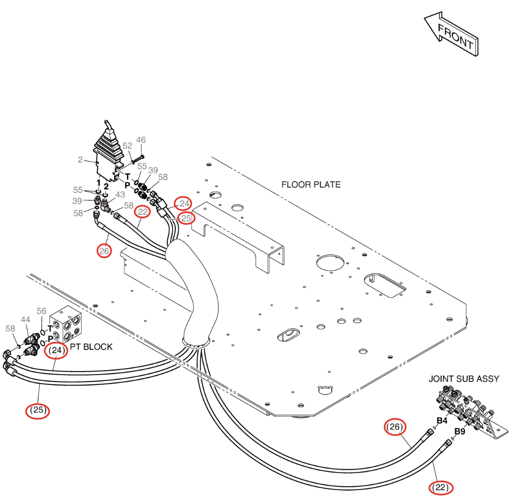 Doosan DX140W-5 installation diagram showing hydraulic hose DS2121225 at Pipe No. 26