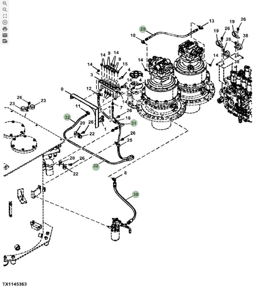 Hitachi ZX670LC-5G installation diagram showing hydraulic hose 4304463 at Pipe No. 30