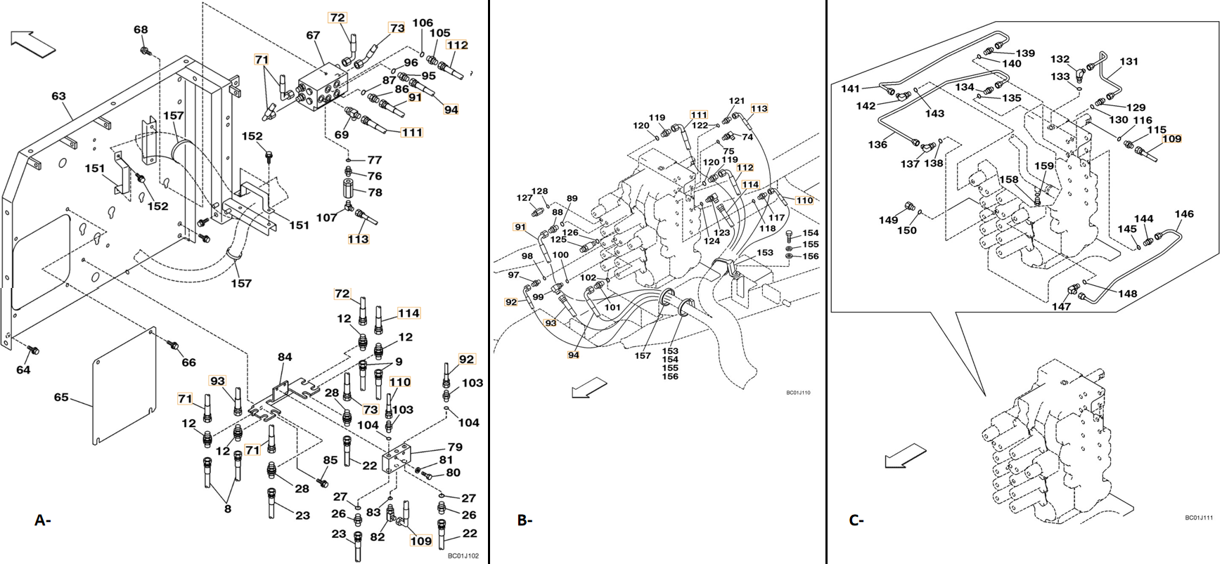Case CX290 installation diagram showing hydraulic hose KHJ1608 at Pipe No. A92-B92