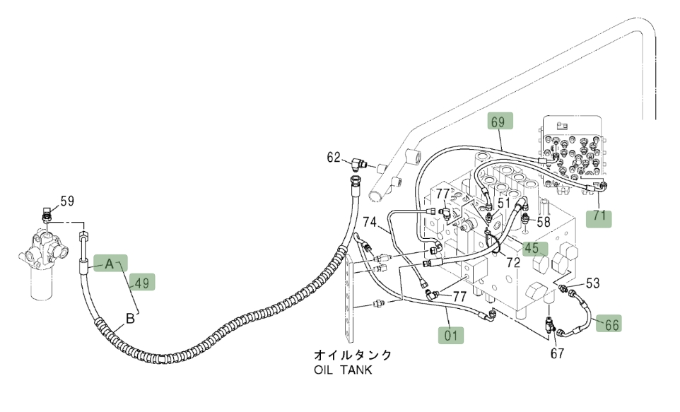Hitachi ZX200LC installation diagram showing hydraulic hose 4454003 at Pipe No. 49A