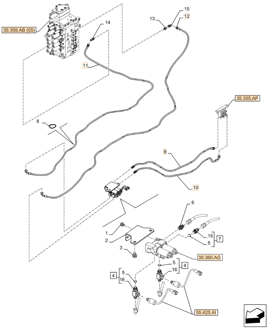 Case CX250D LC installation diagram showing hydraulic hose KHJ2089 at Pipe No. 9