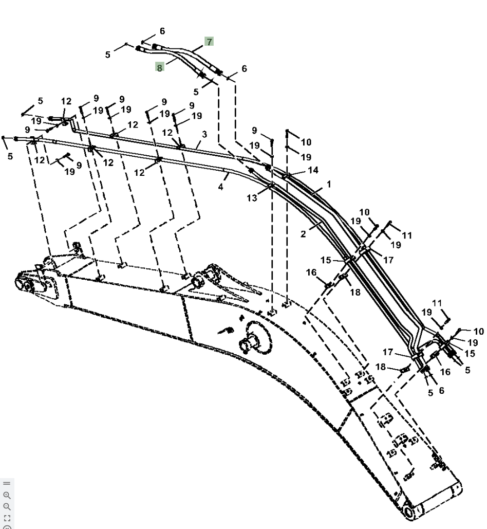 Hitachi ZX210LC-5G installation diagram showing hydraulic hose 4676586 at Pipe No. 8