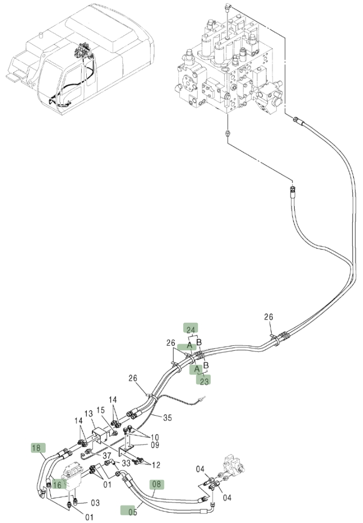 Hitachi ZX370 installation diagram showing hydraulic hose 4463973 at Pipe No. 16