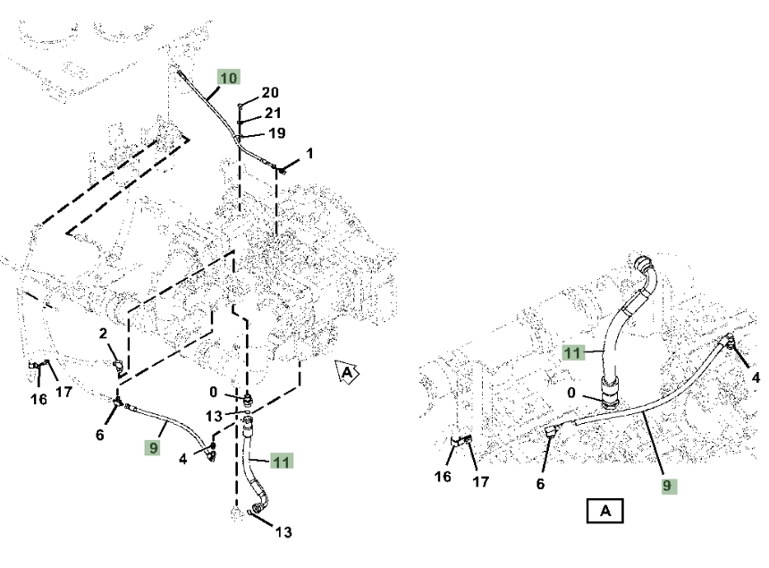 Hitachi ZX670LC-5A installation diagram showing hydraulic hose 4636420 at Pipe No. 9