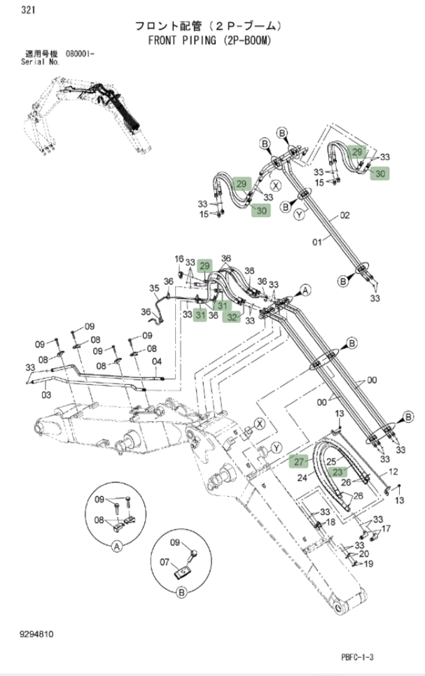 Hitachi ZX85USB-3 installation diagram showing hydraulic hose 4689856 at Pipe No. 30