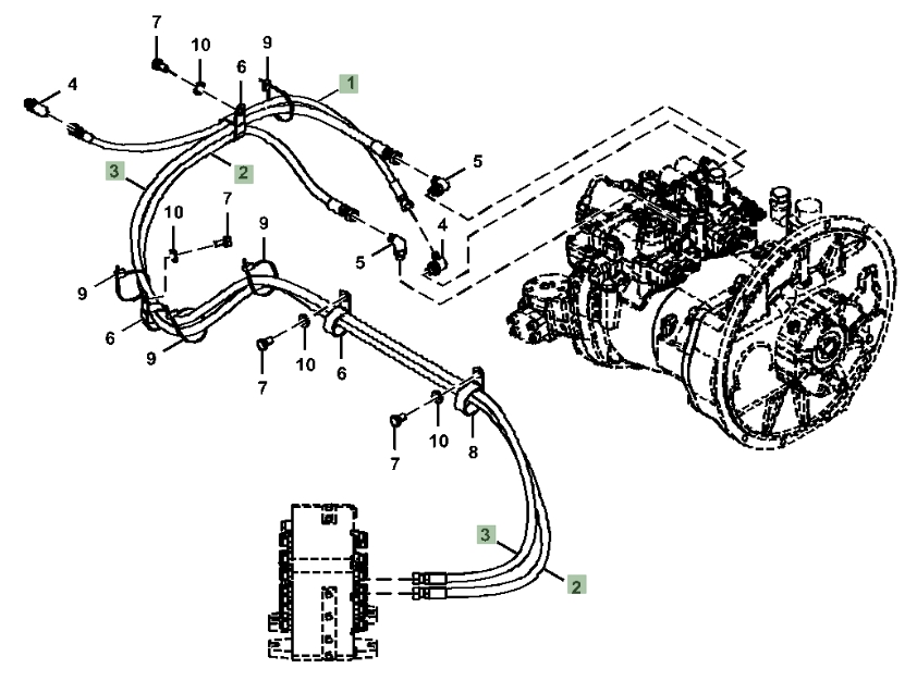 Hitachi ZX210-5A installation diagram showing hydraulic hose 4664368 at Pipe No. 3