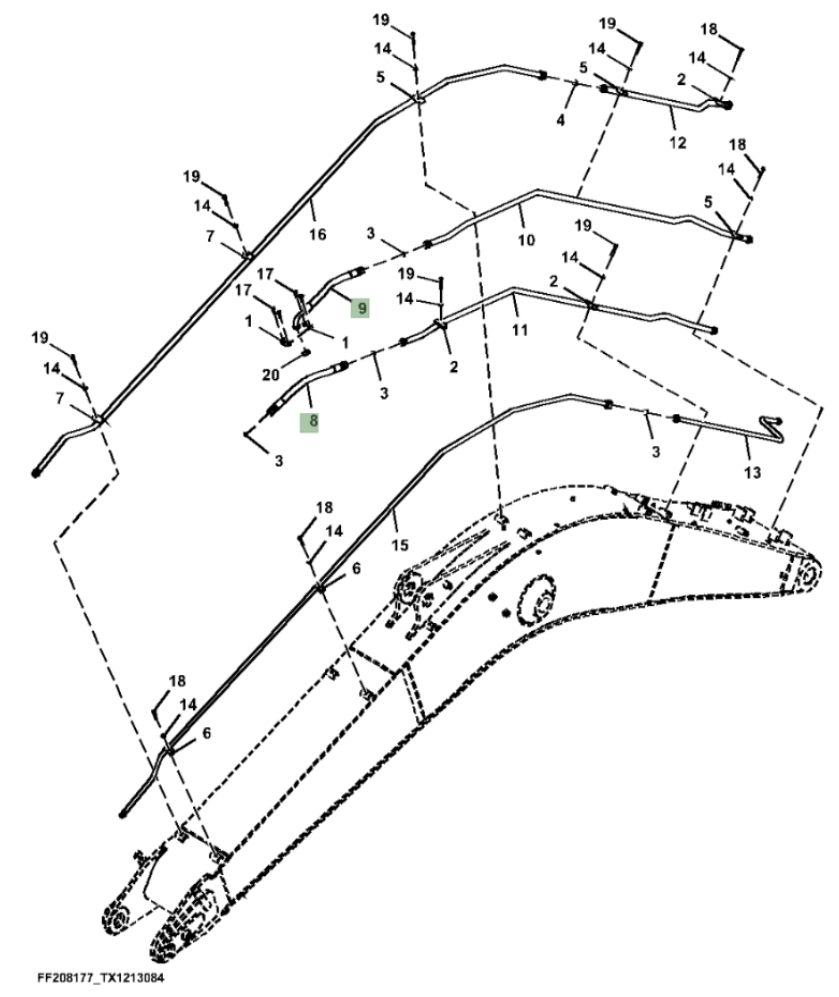 Hitachi ZX310F-FE-6N installation diagram showing hydraulic hose 4628534 at Pipe No. 9