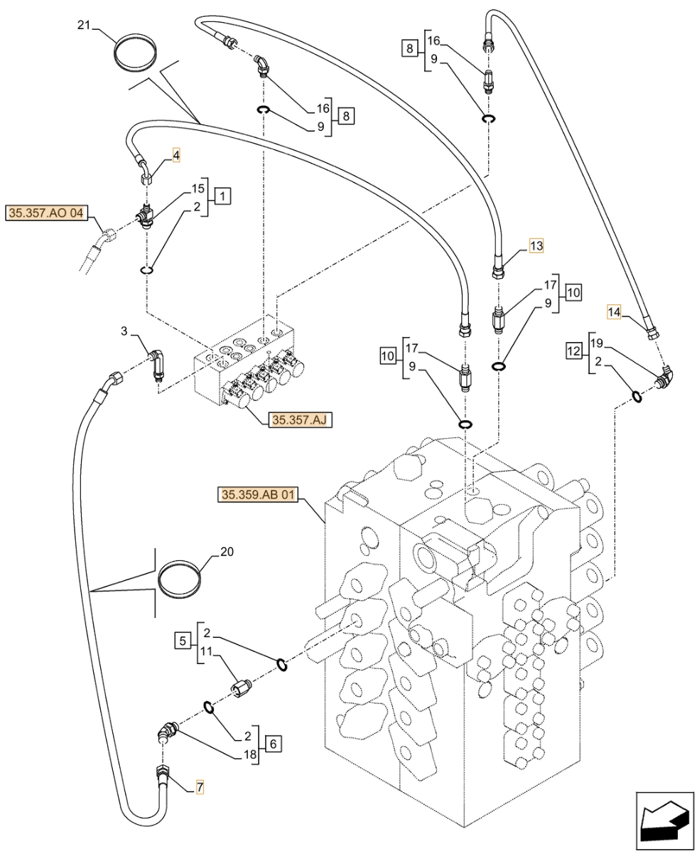 Case CX490D RTC installation diagram showing hydraulic hose KHJ2084 at Pipe No. 4