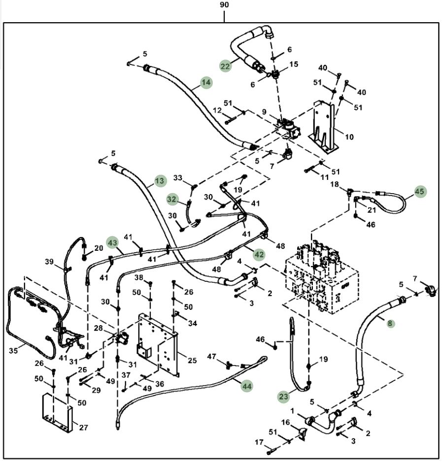 Hitachi ZX210-5N installation diagram showing hydraulic hose 4453063 at Pipe No. 45