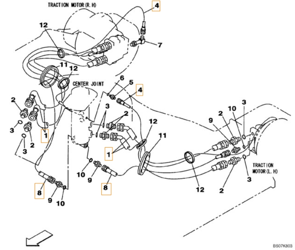 Case CX135SR installation diagram showing hydraulic hose 152709A1 at Pipe No. 4
